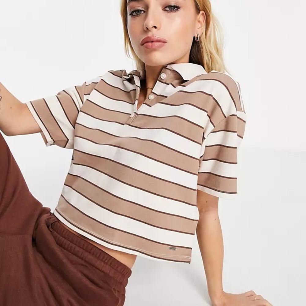 Hollister crop polo shirt brown stripe size medium